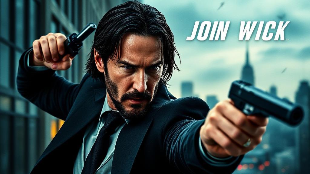 A dynamic image of Keanu Reeves as John Wick, poised for action with a cityscape backdrop, highlighting the film's intense and thrilling atmosphere.