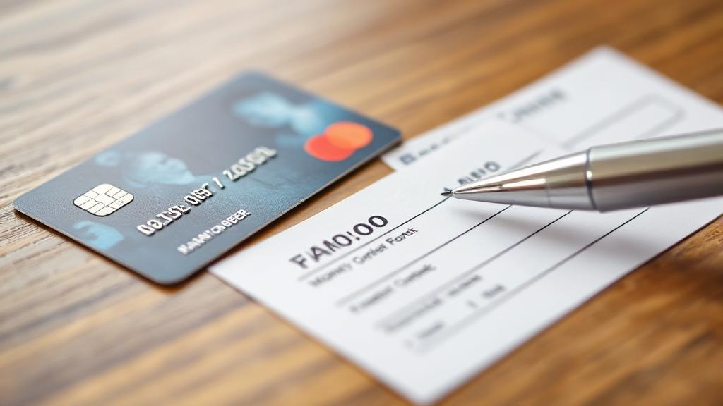 A close-up image of a credit card and a money order form on a wooden table, with a pen poised for writing.