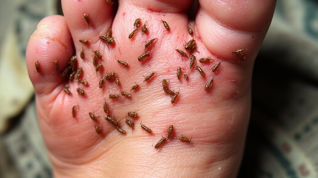 A close-up image of a foot infested with jiggers, highlighting the skin irritation and swelling caused by the parasitic infection.