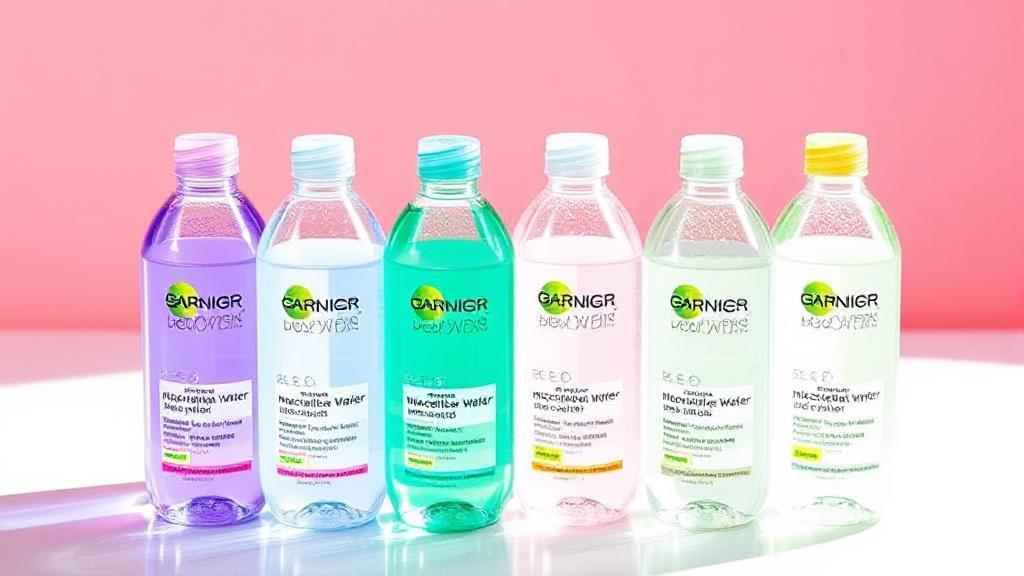A vibrant display of various Garnier Micellar Water bottles, each labeled for different skin types, set against a clean, minimalist background.