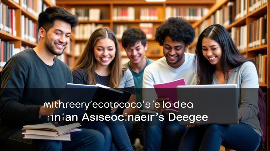 A diverse group of students studying together in a college library, surrounded by textbooks and laptops, symbolizing the journey to earning an associate's degree.