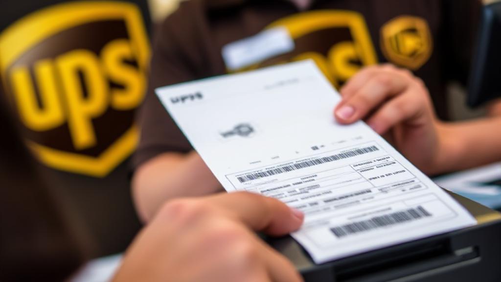 A close-up image of a UPS employee printing a shipping label at a service counter, with a UPS logo visible in the background.