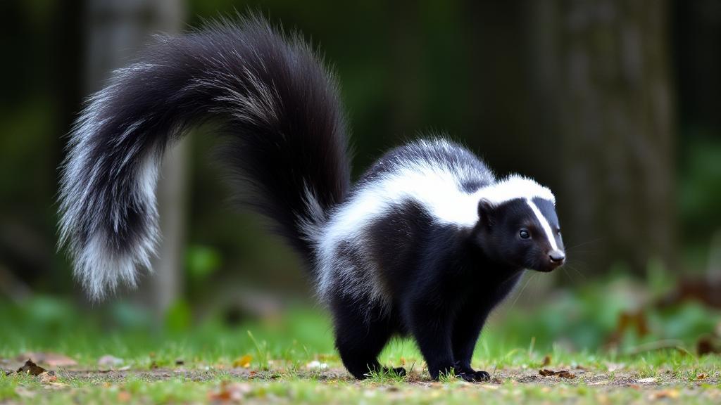 A skunk poised in a defensive stance, tail raised, with a misty spray arching through the air against a forest backdrop.