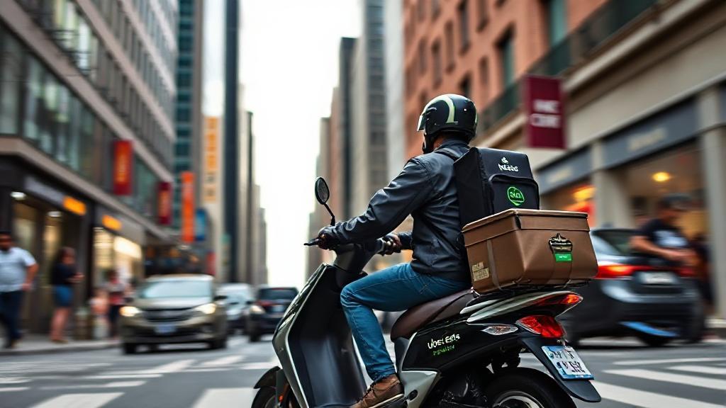 A dynamic image of an Uber Eats driver on a scooter navigating through a bustling city street, symbolizing the hustle and potential earnings of delivery work.