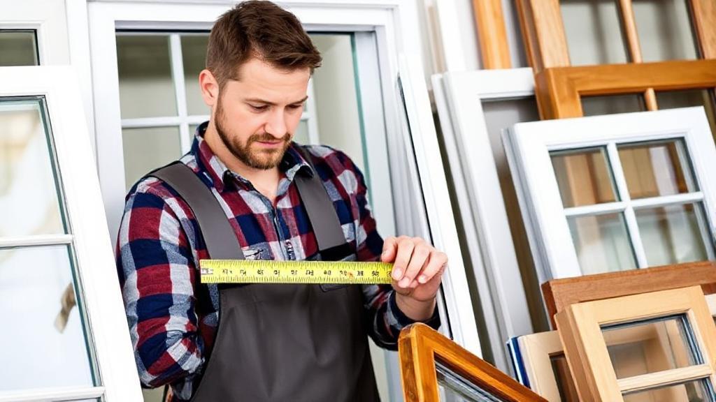 A close-up image of a contractor measuring a window frame, surrounded by various window styles and materials, symbolizing the diverse options and considerations in window replacement costs.