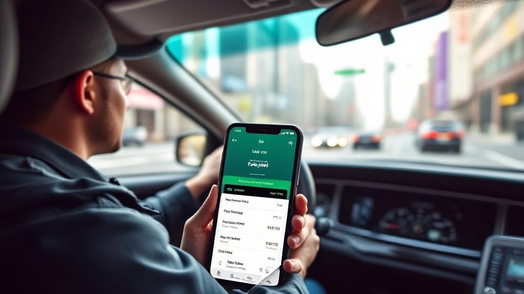 A dynamic image of an Uber Eats driver navigating city streets with a focus on a smartphone displaying the app's earnings interface.
