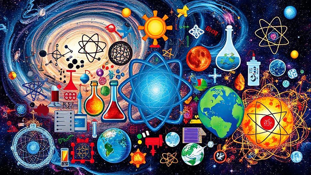 A vibrant collage of scientific symbols and imagery representing physics, chemistry, and earth sciences, set against a backdrop of swirling galaxies and atomic structures.