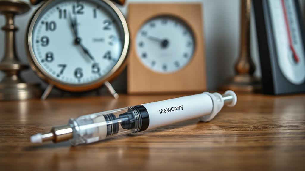 A close-up image of a Wegovy injection pen placed on a wooden table, surrounded by ambient room elements like a clock and a thermometer.