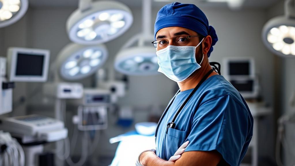 A surgical technician in scrubs stands in an operating room, surrounded by medical equipment and instruments.