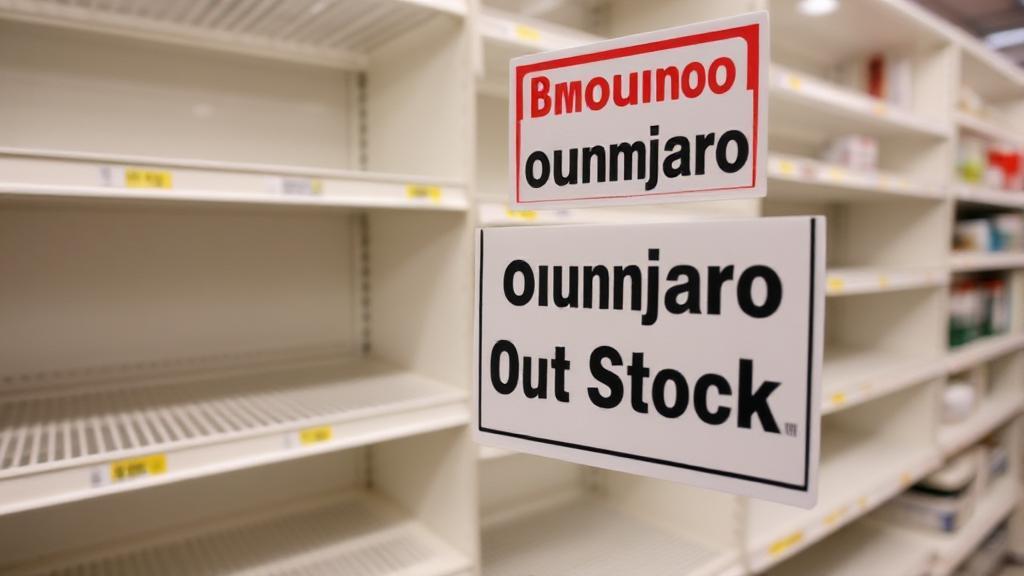 A close-up of empty pharmacy shelves with a "Mounjaro Out of Stock" sign, highlighting the medication shortage issue.