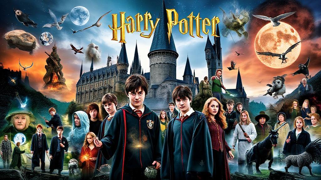 A magical collage featuring iconic scenes and characters from the Harry Potter series, set against a backdrop of Hogwarts.