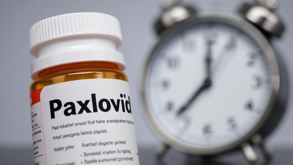 A close-up image of a Paxlovid pill bottle with a blurred clock in the background, symbolizing the medication's rapid onset of action.