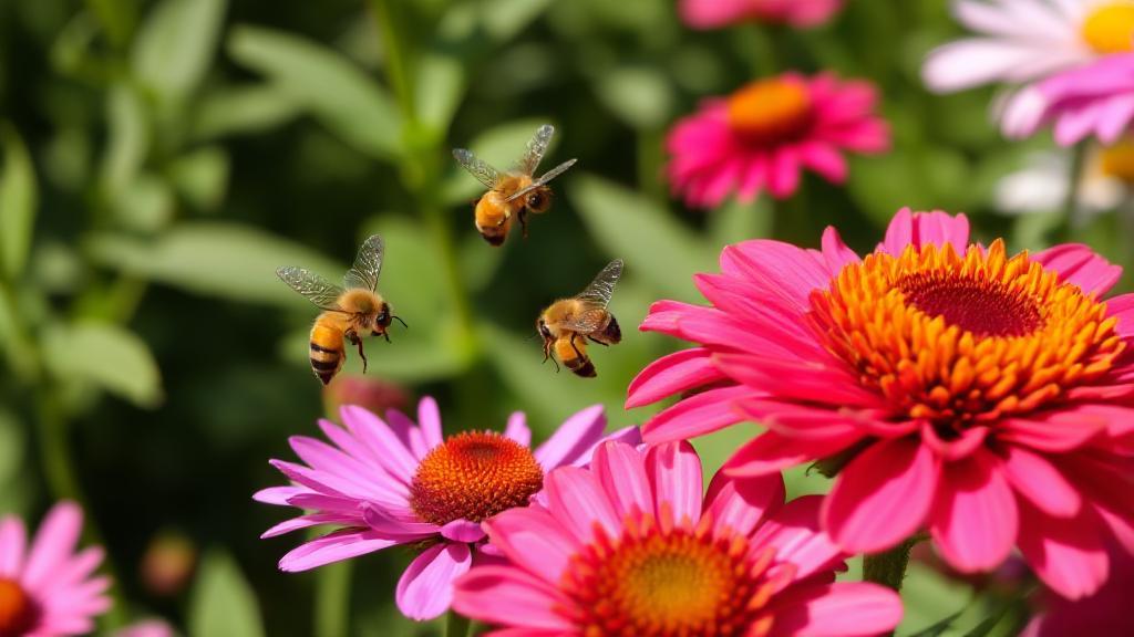 A serene garden scene with yellow jackets peacefully hovering around vibrant flowers, illustrating harmonious coexistence.