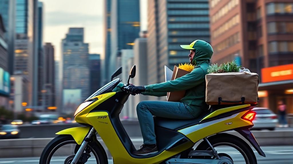 A dynamic image of a Spark driver delivering groceries, set against a backdrop of a bustling cityscape, symbolizing the gig economy.