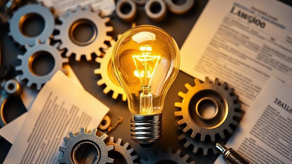 A lightbulb surrounded by gears and legal documents, symbolizing innovation and the patent process.