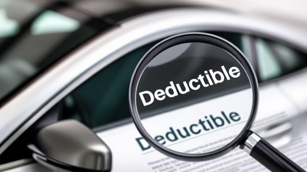 A sleek car with a magnifying glass highlighting the word "Deductible" on an insurance policy document.