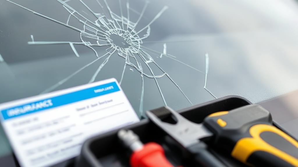 A close-up image of a cracked windshield with an insurance card and a repair toolkit in the foreground.