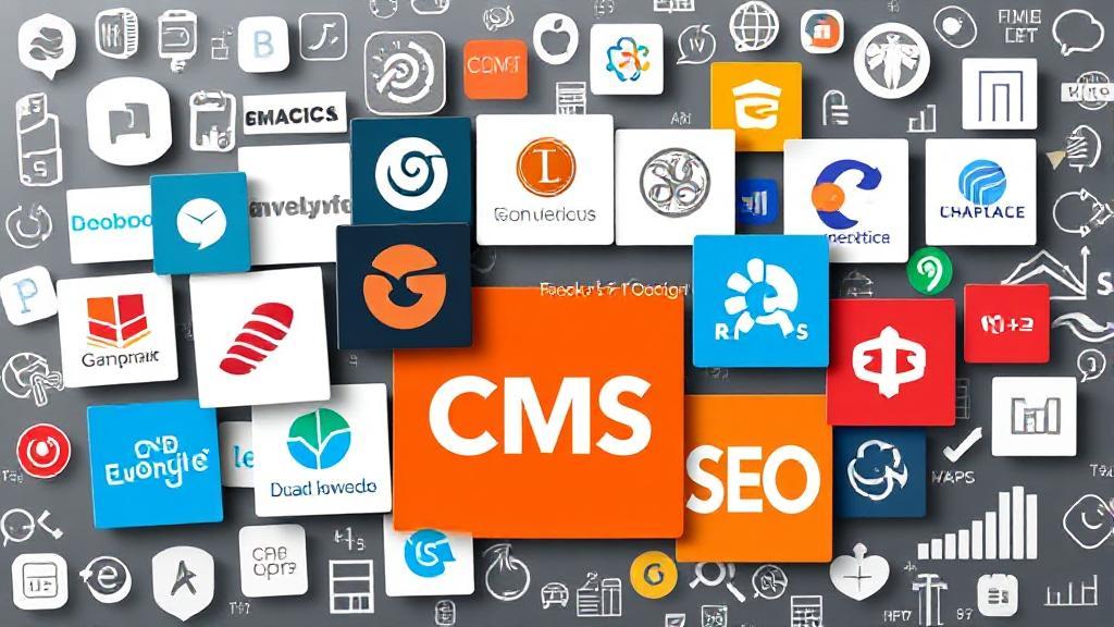 A dynamic collage of logos from leading CMS platforms, set against a backdrop of digital analytics and SEO icons.