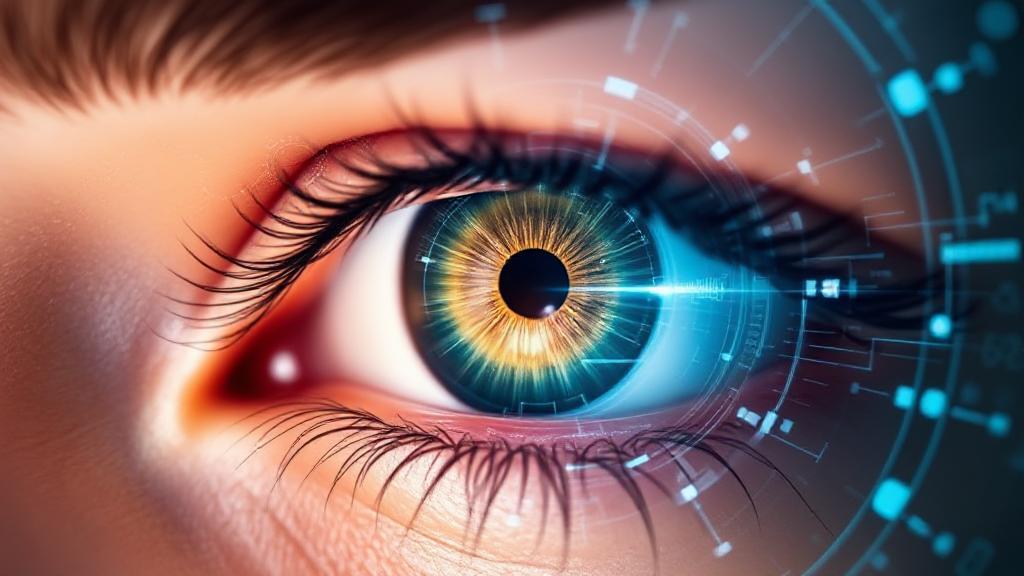 A close-up image of an eye with a futuristic digital overlay, symbolizing the enduring precision and advanced technology of LASIK surgery.