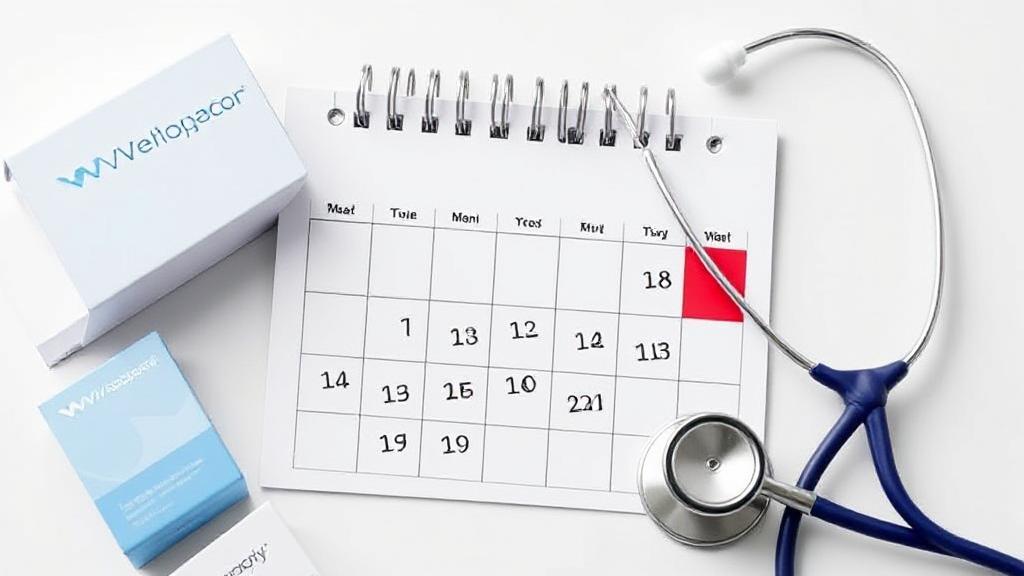 A sleek, modern image of a calendar marked with key dates, surrounded by Wegovy packaging and a stethoscope, symbolizing the intersection of healthcare and scheduling.