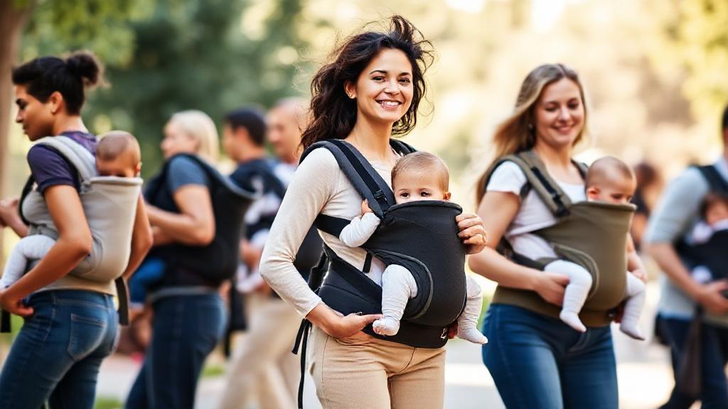 A diverse group of parents happily carrying their babies in stylish, modern baby carriers outdoors, showcasing comfort and ease.