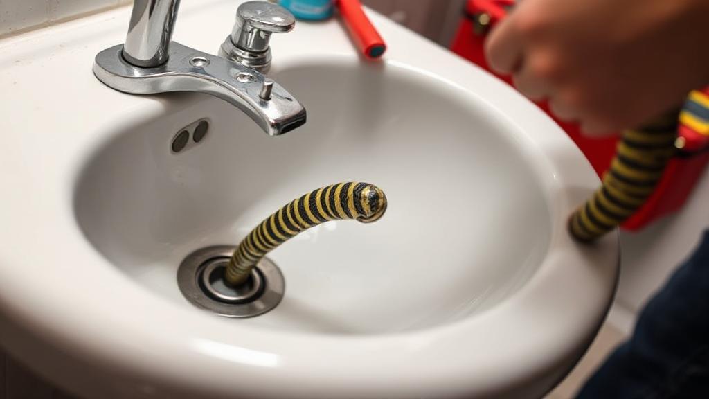 A close-up image of a plumber's snake being inserted into a bathroom sink drain, with tools and a toolbox visible in the background.