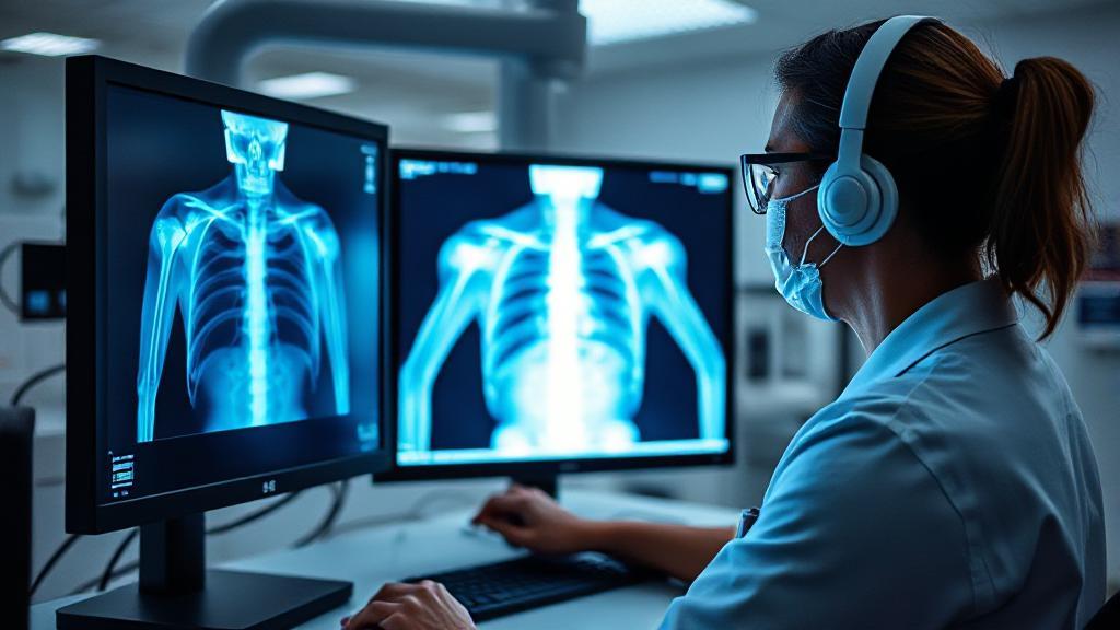 A professional radiologic technologist analyzing an X-ray image on a computer screen in a modern medical facility.