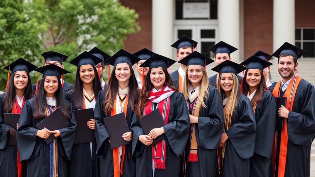 A diverse group of students in graduation caps and gowns, holding diplomas, standing in front of a university building.