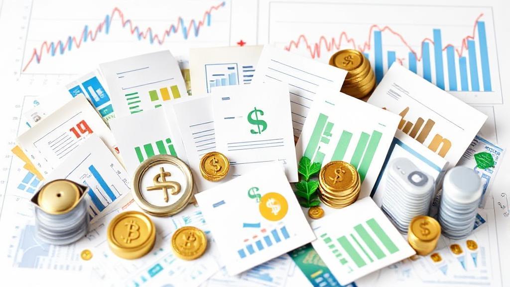 A diverse collection of financial documents and digital assets symbolizing investment portfolios, set against a backdrop of graphs and charts.