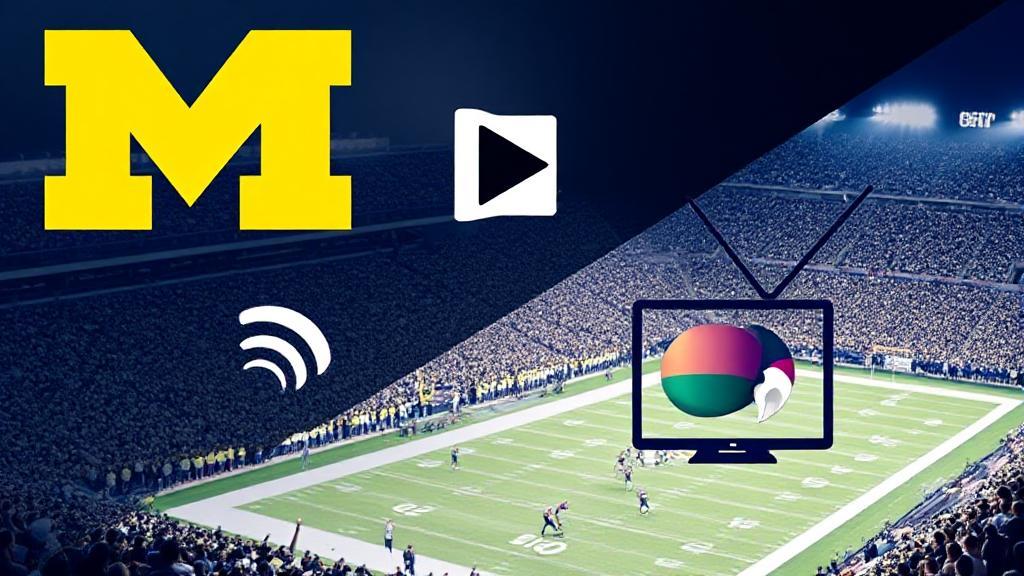 A dynamic collage of football action, featuring the Michigan Wolverines' logo, a streaming icon, and a TV broadcast symbol against a backdrop of a roaring stadium crowd.