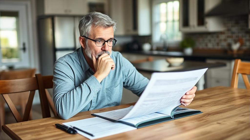 A thoughtful homeowner contemplates refinancing options while reviewing mortgage documents at a cozy kitchen table.