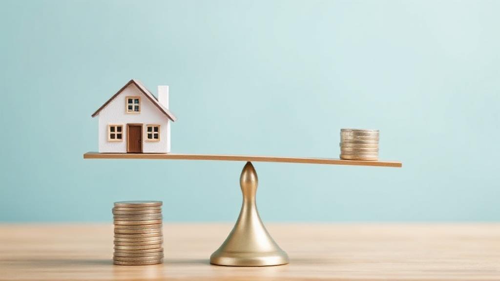 A balanced scale with a house on one side and a stack of coins on the other, symbolizing the equilibrium between property value and rental income.
