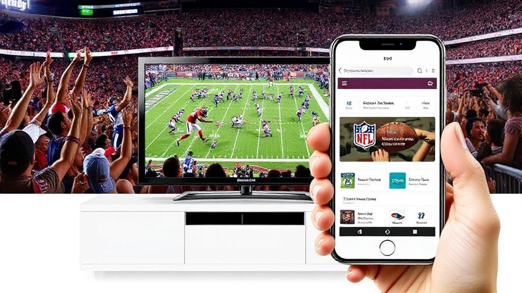 A vibrant collage featuring football fans cheering, a TV displaying an NFL game, and a smartphone with the NFL Sunday Ticket app open.