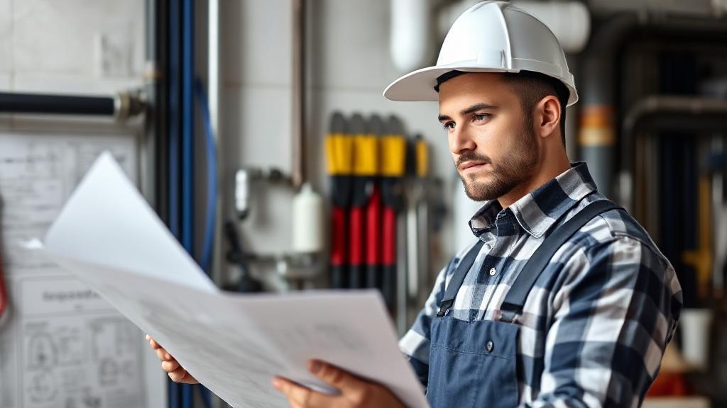 A professional plumber examining blueprints with tools and pipes in the background, symbolizing career and earnings potential.