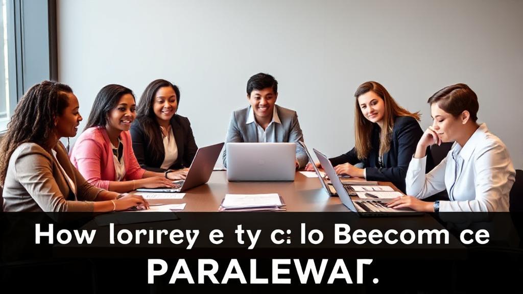 A diverse group of paralegals working diligently at a conference table, surrounded by legal documents and laptops, symbolizing the journey and dedication required to become a paralegal.
