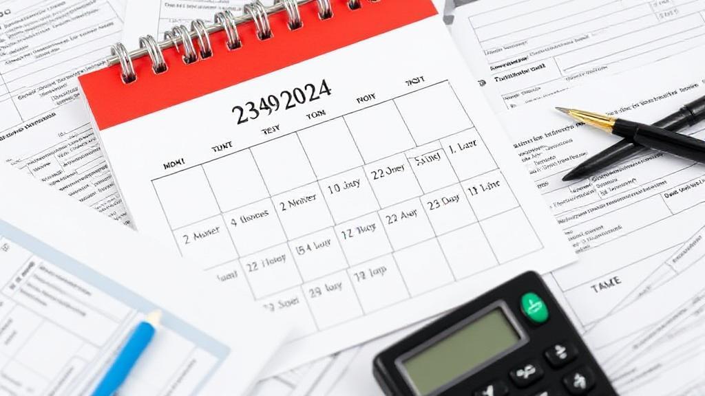 A calendar marked with important tax filing dates for 2024, surrounded by tax forms and a calculator.
