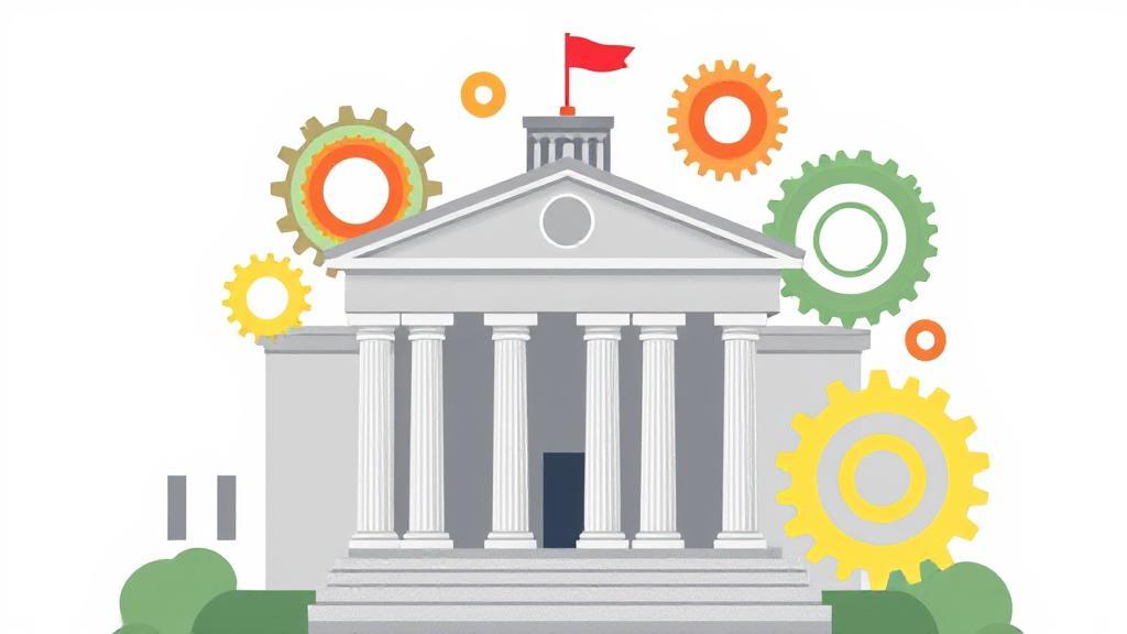 A symbolic illustration of a government building with interconnected gears and cogs, representing the complex structure and functions of government.