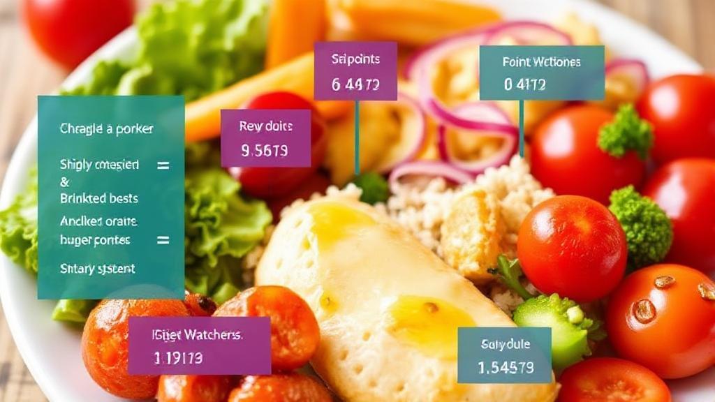 A vibrant, colorful image of a balanced meal with labeled point values, illustrating the Weight Watchers (WW) points system.