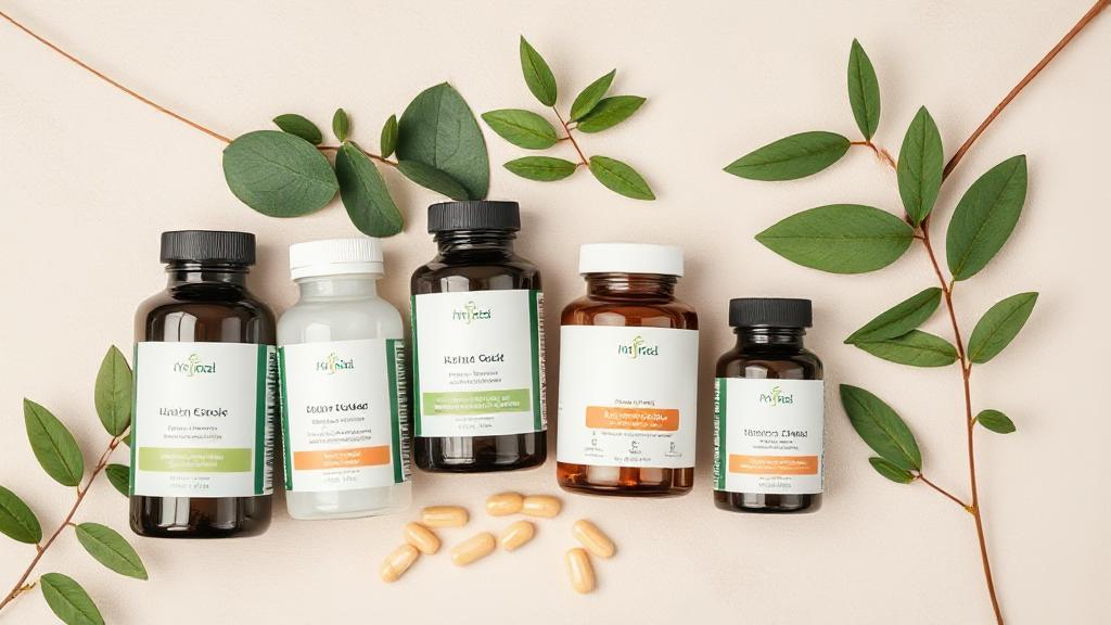 A calming flat lay of natural supplement bottles, herbal capsules, and soothing green leaves on a soft, neutral background.