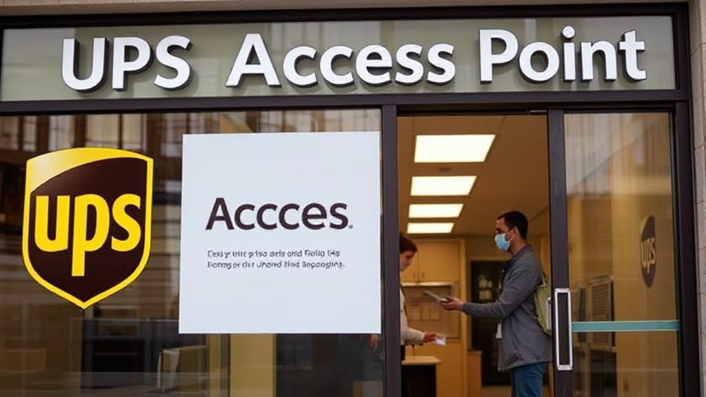 A UPS Access Point storefront with a clear sign, showcasing a customer picking up a package.