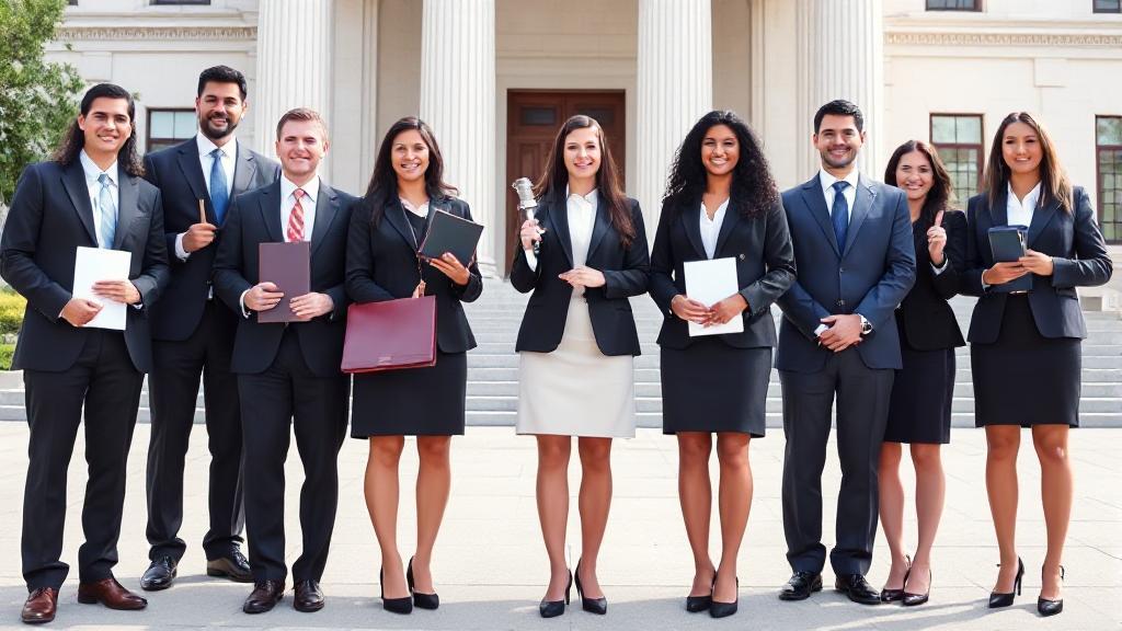A diverse group of lawyers in professional attire, each holding symbols representing their legal specializations, standing confidently in front of a courthouse.