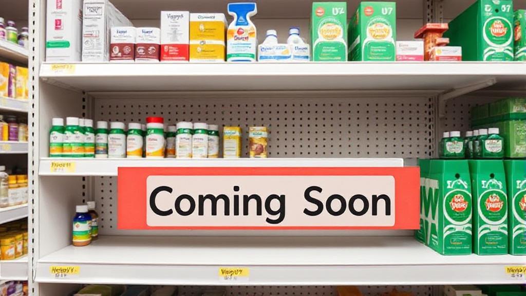A hopeful image of a pharmacy shelf with a "Coming Soon" sign where Wegovy would be stocked, symbolizing anticipation for its return.