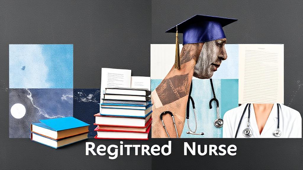 A dynamic collage illustrating the journey from nursing student to Registered Nurse, featuring textbooks, a stethoscope, and a graduation cap.