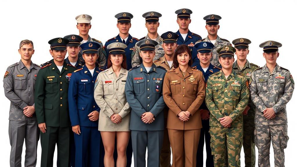 A diverse group of military personnel in various uniforms standing together, symbolizing unity and service.