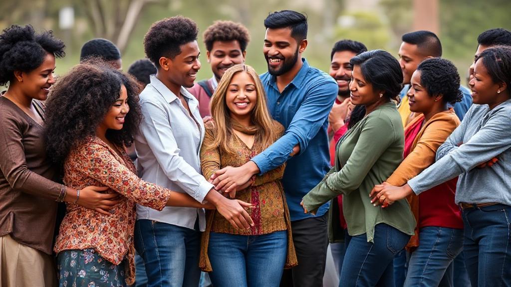 A diverse group of people helping each other, symbolizing community support and kindness.