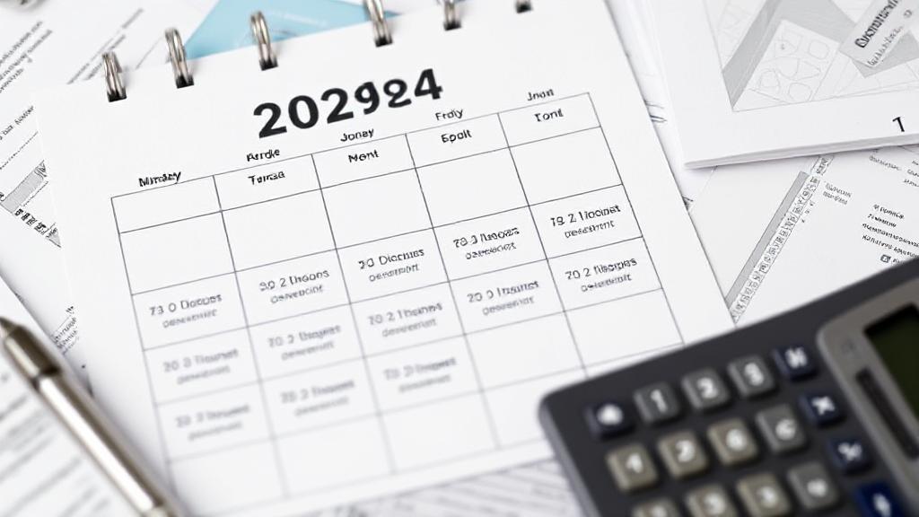 A calendar marked with important tax filing dates for 2024, surrounded by financial documents and a calculator.