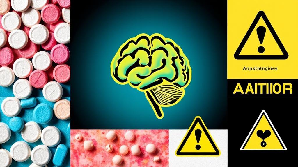 A vibrant collage of amphetamine pills, a brain illustration, and caution symbols, symbolizing the drug's uses, effects, and associated risks.