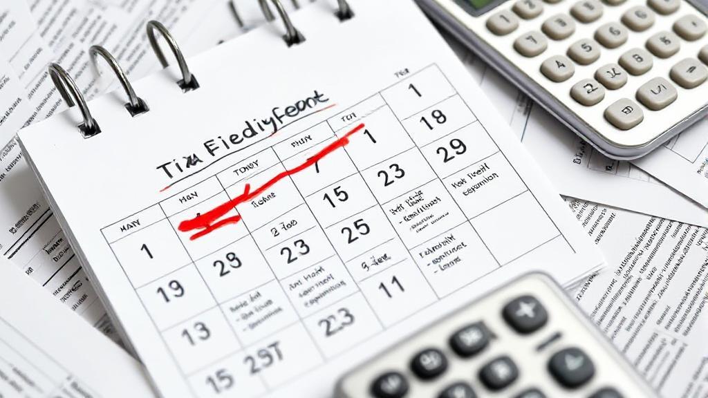A close-up image of a calendar marked with tax filing deadlines, surrounded by scattered tax forms and a calculator.