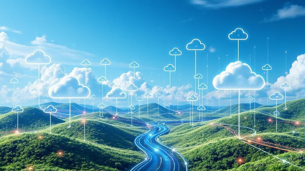 A futuristic digital landscape with interconnected cloud icons and data streams, symbolizing the concept and applications of cloud computing.