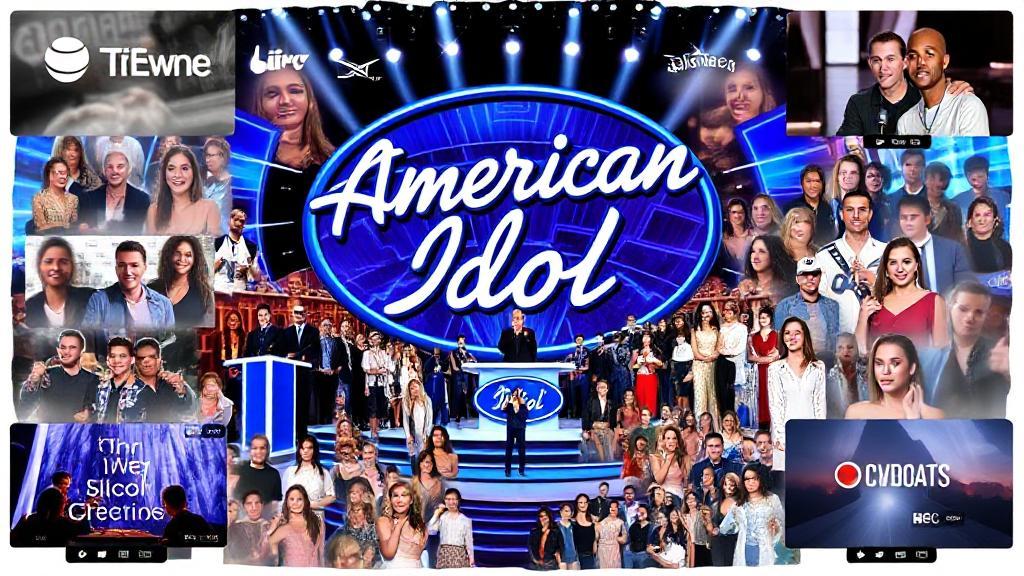 A vibrant collage of American Idol's iconic stage, judges, and contestants, highlighting various streaming and broadcast platforms.